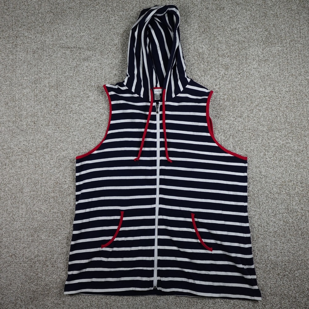CJ Banks Womens 2X Navy Blue White Striped Sleeveless Full Zip Hoodie Vest Star - Picture 2 of 5